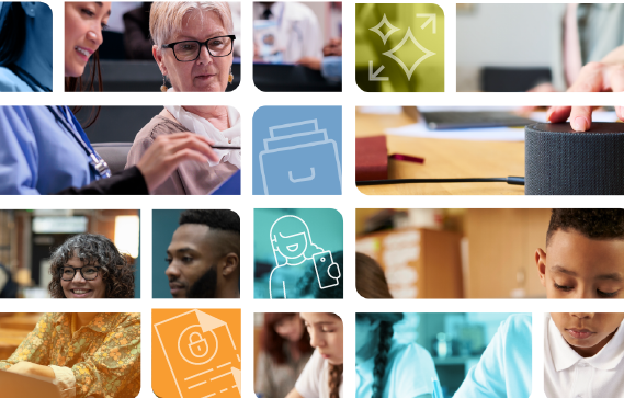 Collage showing a medical professional with a patient, a person operating a smart speaker, two people at a computer desk, and school pupils working.